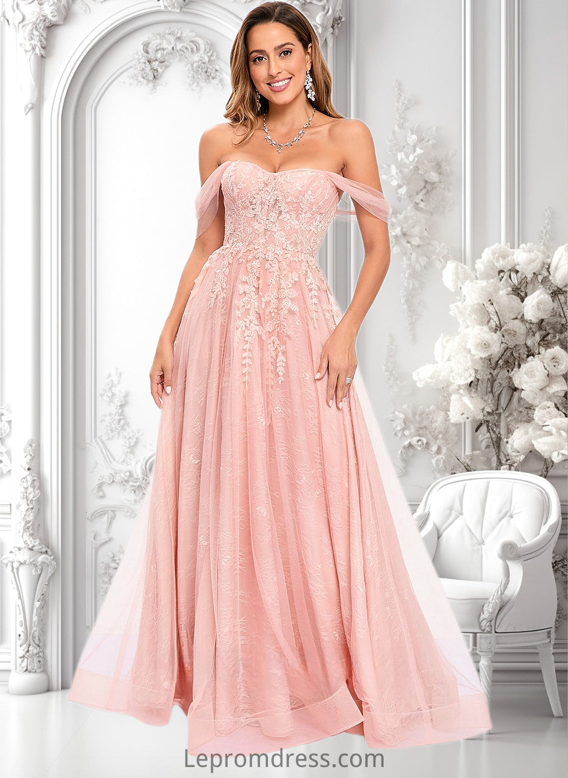 Mila A-line Sweetheart Off the Shoulder Floor-Length Tulle Floral Lace Prom Dresses With Appliques Lace HAP0025870