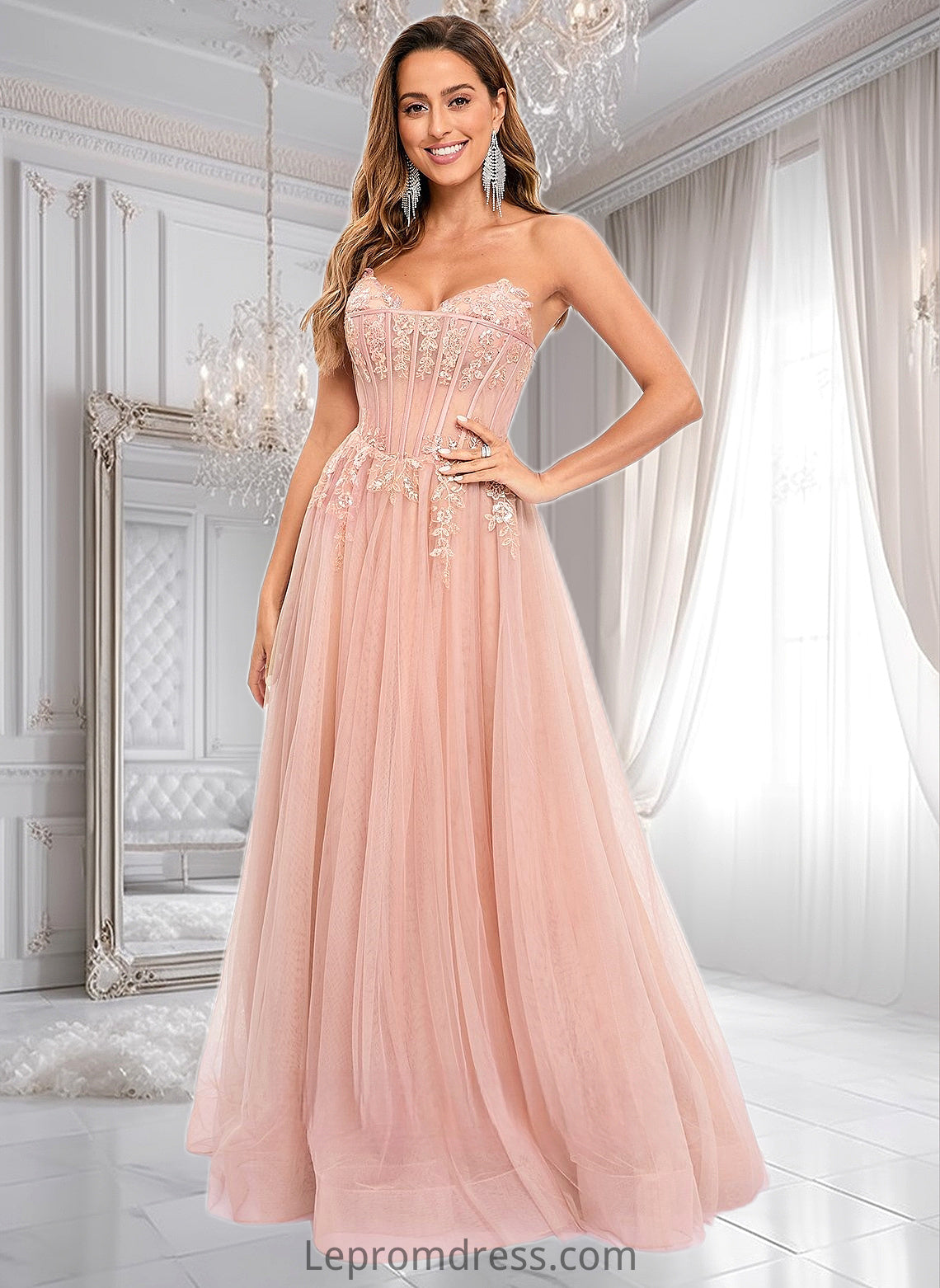 Delilah Ball-Gown/Princess V-Neck Floor-Length Tulle Prom Dresses With Sequins Appliques Lace HAP0025837