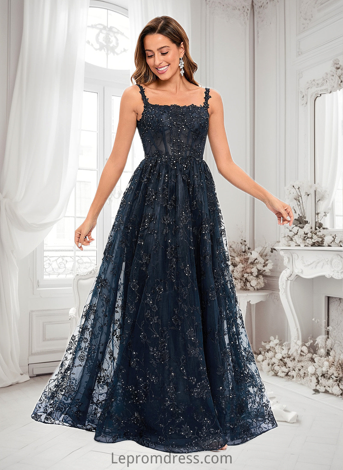 Jazmin A-line Square Floor-Length Organza Lace Floral Prom Dresses With Sequins HAP0025844