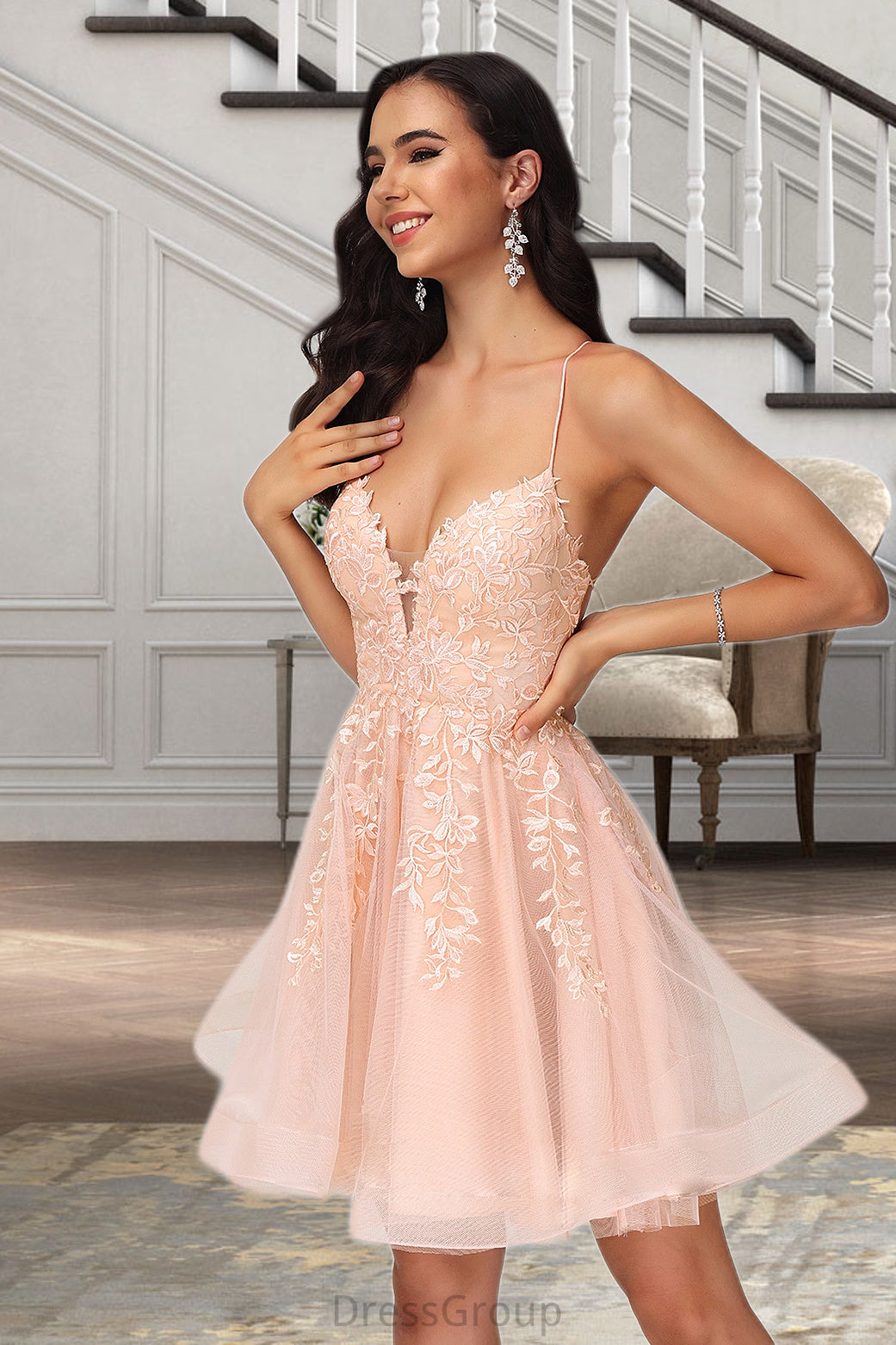 Amirah A-line V-Neck Short/Mini Lace Tulle Homecoming Dress With Sequins HAP0020500