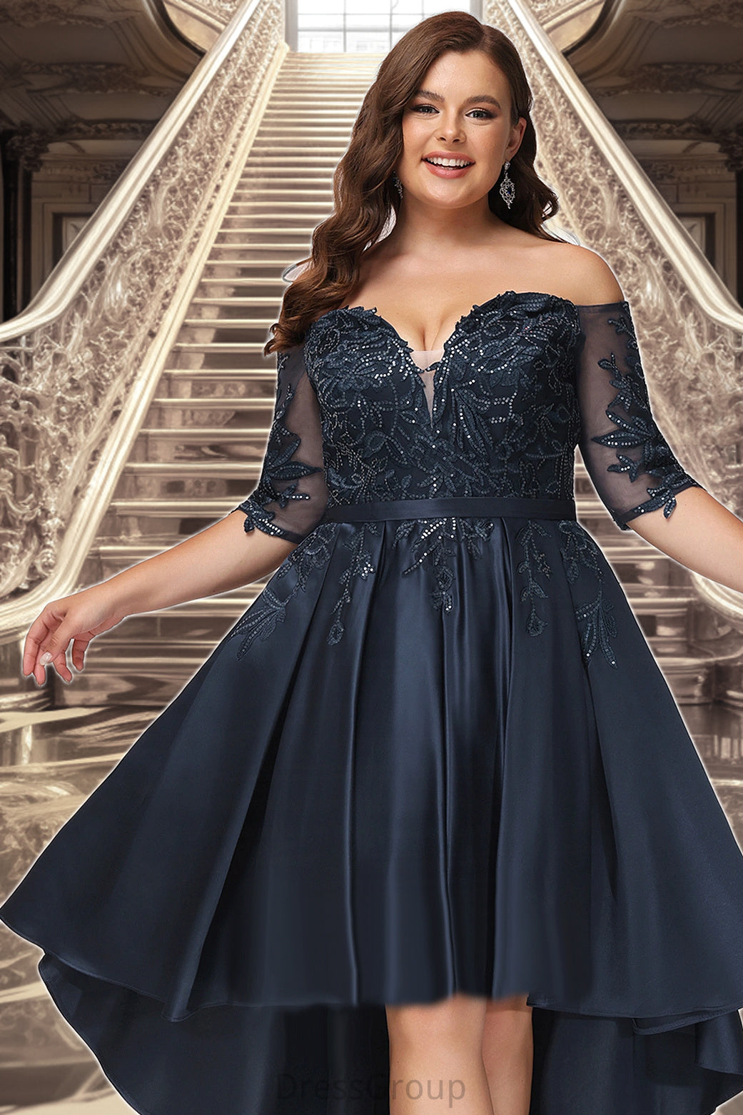 Halle A-line Off the Shoulder Asymmetrical Lace Satin Homecoming Dress With Sequins HAP0020580