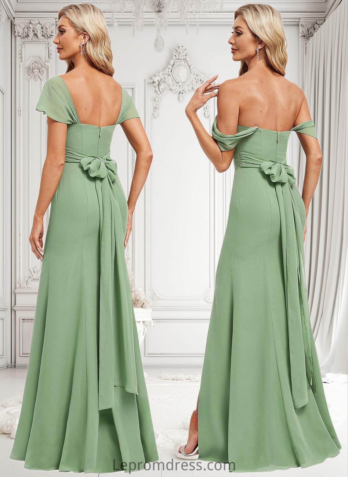 Andrea Trumpet/Mermaid Off the Shoulder V-Neck Floor-Length Chiffon Bridesmaid Dress HAP0025810