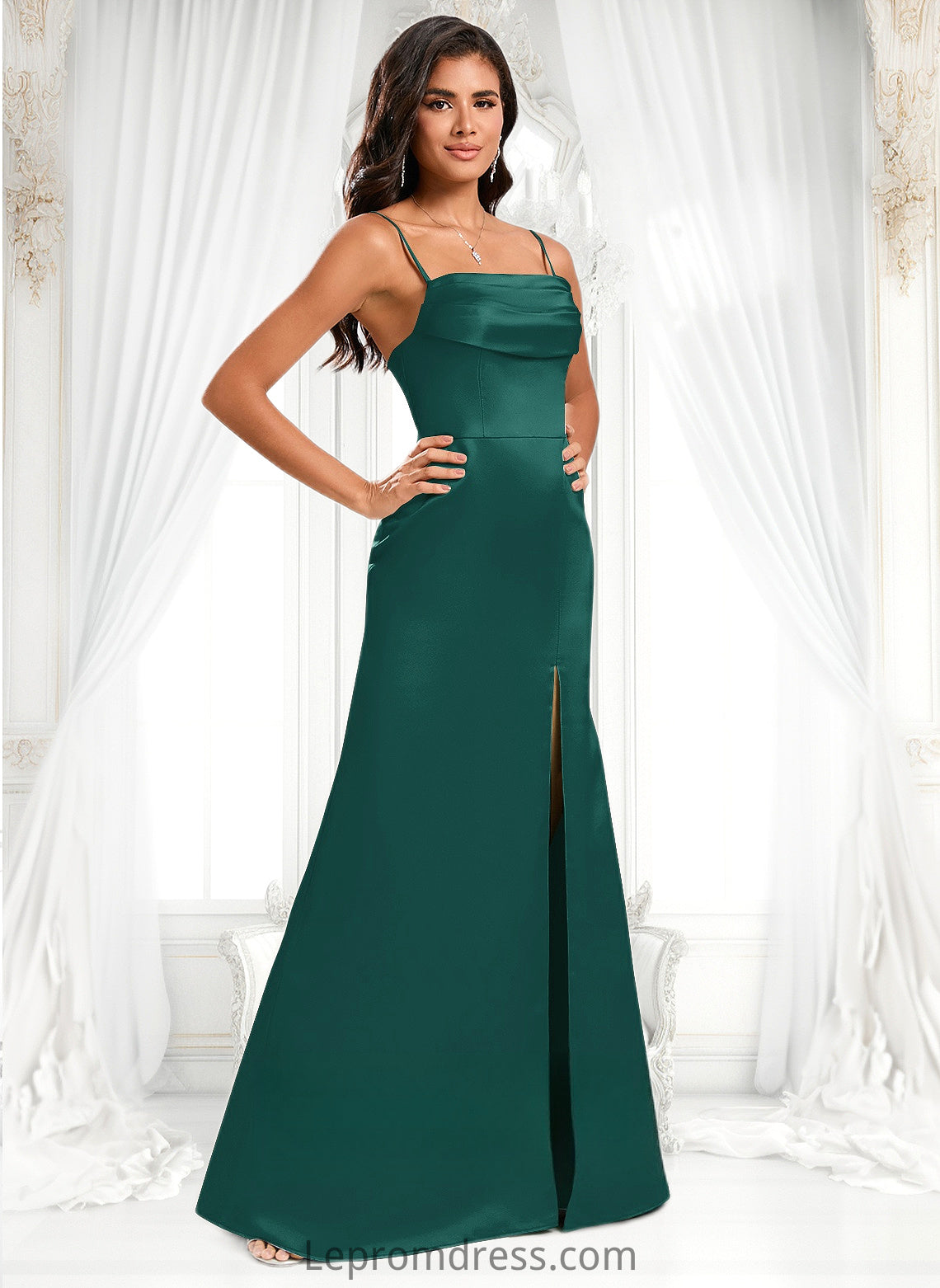 Marilyn Trumpet/Mermaid Off the Shoulder Square Floor-Length Satin Prom Dresses With Ruffle HAP0025883