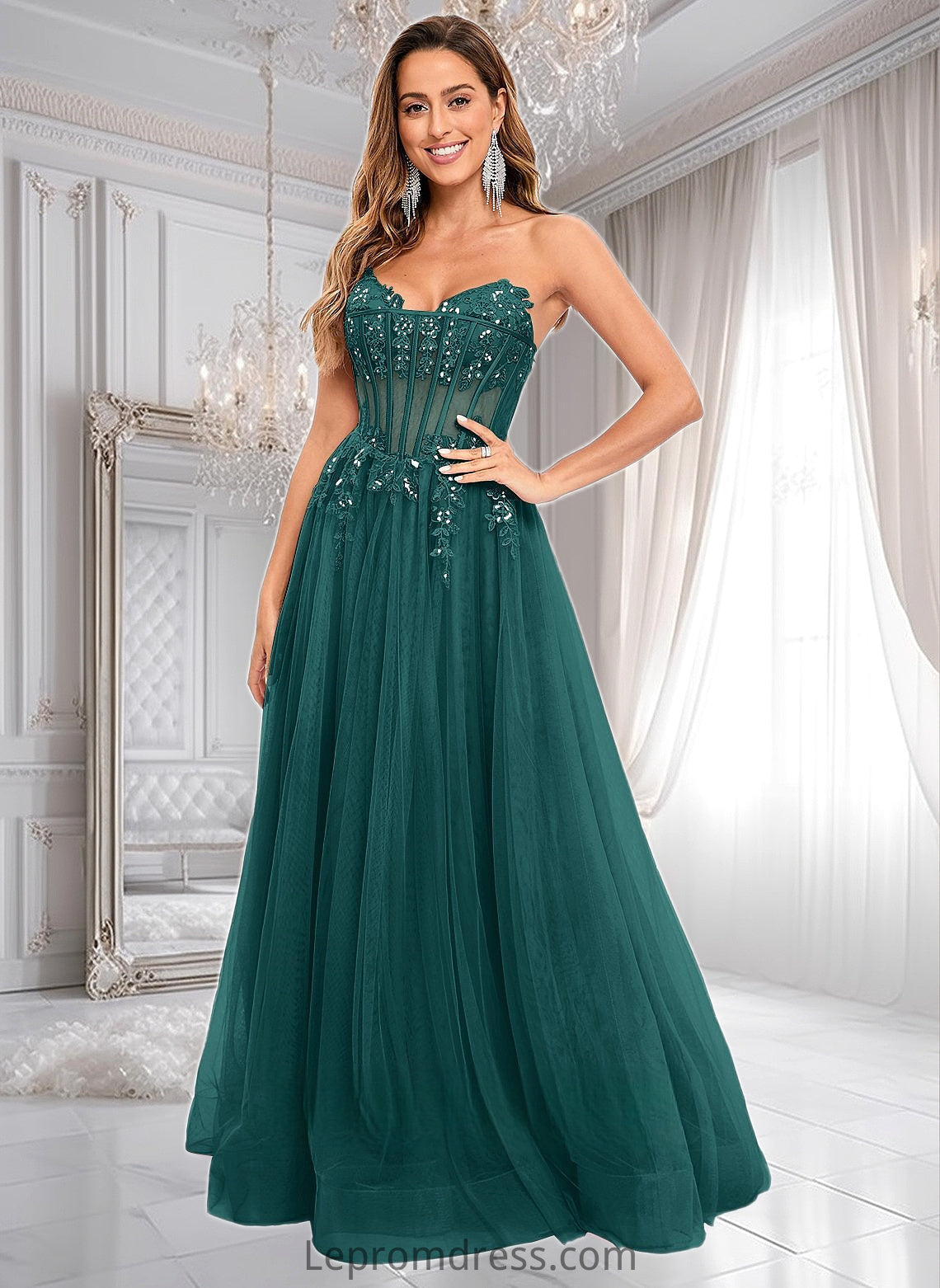 Delilah Ball-Gown/Princess V-Neck Floor-Length Tulle Prom Dresses With Sequins Appliques Lace HAP0025837