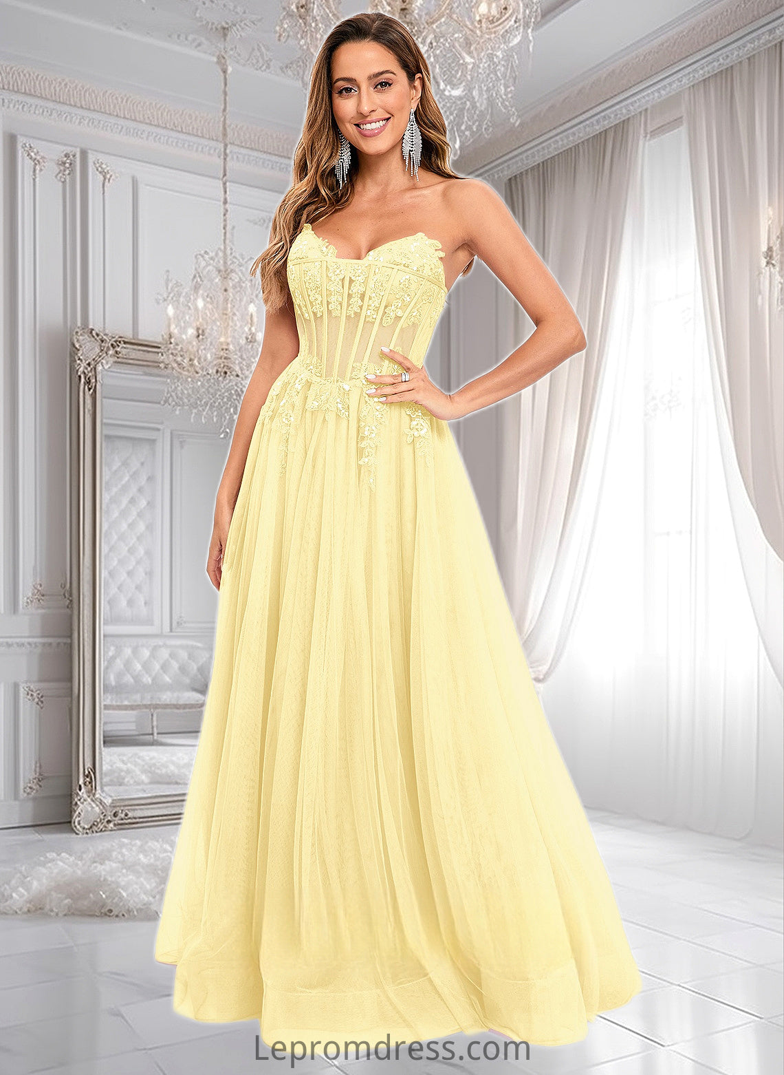 Delilah Ball-Gown/Princess V-Neck Floor-Length Tulle Prom Dresses With Sequins Appliques Lace HAP0025837