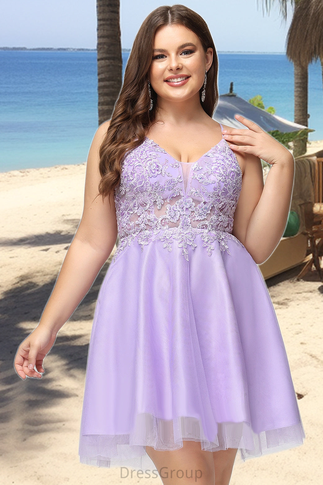 Abigayle A-line V-Neck Short/Mini Lace Tulle Homecoming Dress With Beading HAP0020501