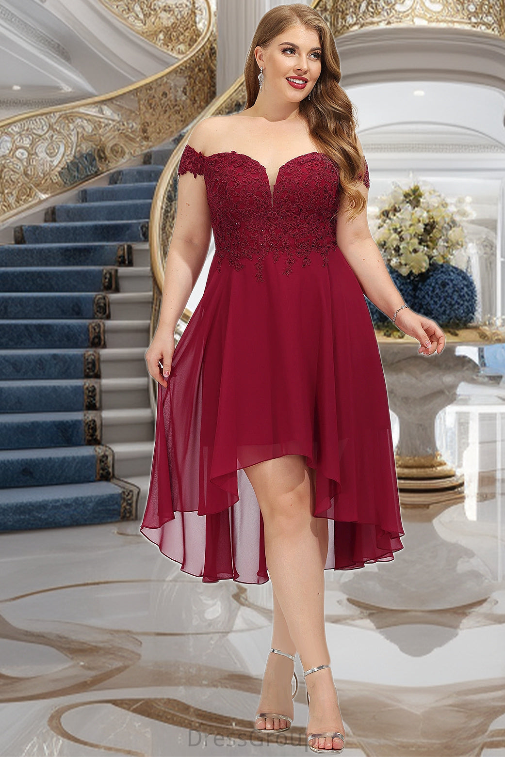 Edith A-line Off the Shoulder Asymmetrical Chiffon Homecoming Dress With Beading HAP0020582