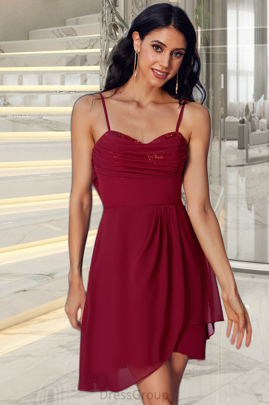 Lisa Sheath/Column V-Neck Short/Mini Jersey Sequin Homecoming Dress With Cascading Ruffles Sequins HAP0020509