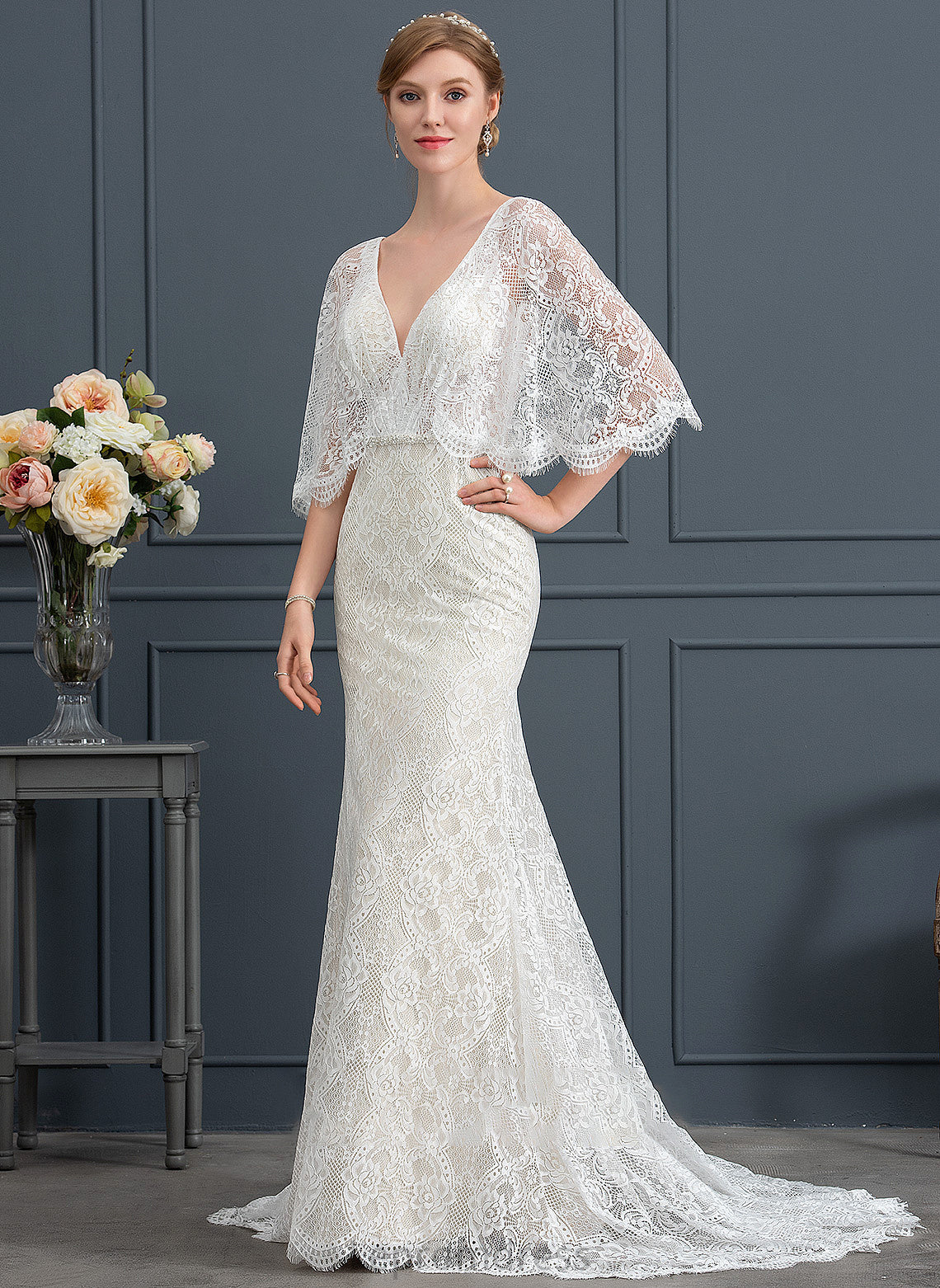 Lace Wedding Dresses With Dress Trumpet/Mermaid Beading Sequins Sweep Kate Wedding V-neck Train