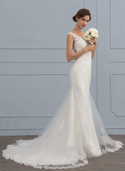 Wedding Dresses Court Dress Ellie V-neck Tulle Wedding Train Trumpet/Mermaid