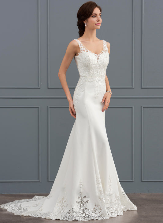 With Court Dress Crepe Melissa Stretch Lace Sequins Wedding Dresses V-neck Trumpet/Mermaid Train Wedding