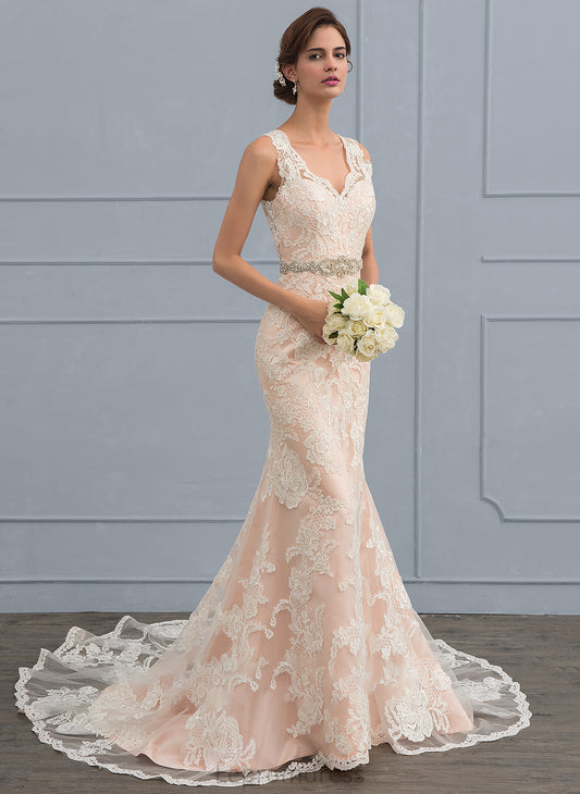 Lisa Train Lace Wedding Beading Tulle Dress Wedding Dresses V-neck Trumpet/Mermaid With Chapel