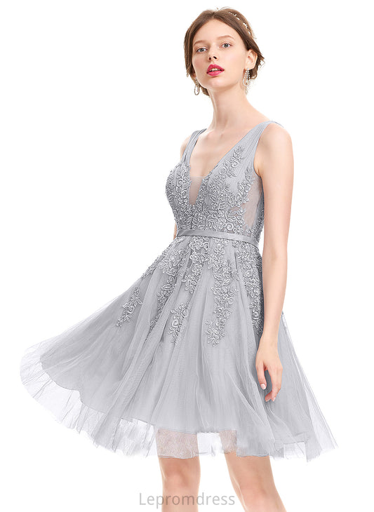 Beading Lace Homecoming Dresses A-Line V-neck Homecoming Sequins Amiah With Dress Tulle Knee-Length