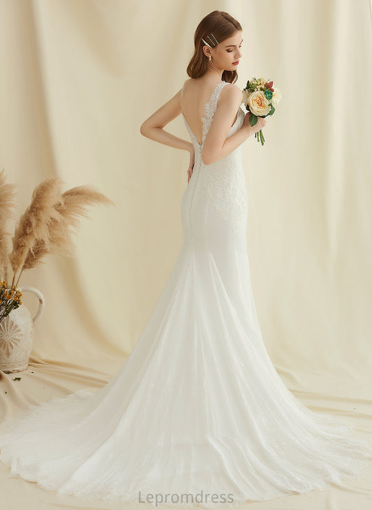 Court Chiffon Wedding Lace Trumpet/Mermaid Adison V-neck Train Wedding Dresses Dress