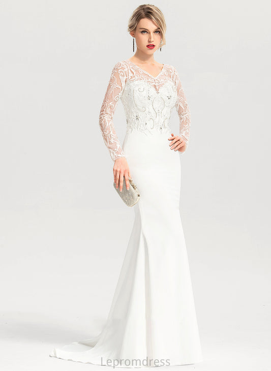 Sweep Wedding Dresses Stretch Beading Trumpet/Mermaid Wedding V-neck Caitlin Dress Crepe Train Sequins With