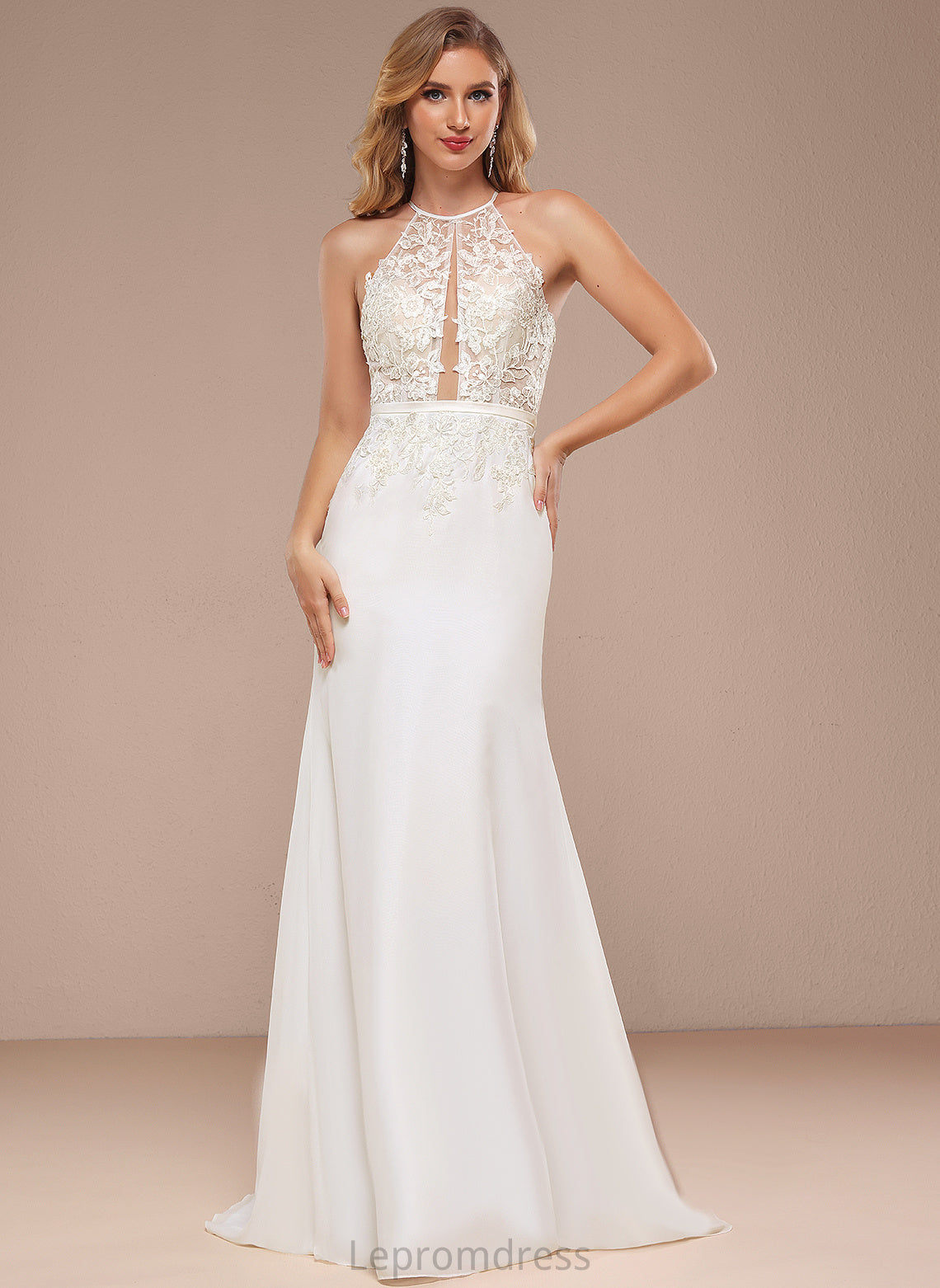 Wedding Dresses Sweep Dress Chiffon Gertie Wedding Trumpet/Mermaid Halter With Train Sequins Lace