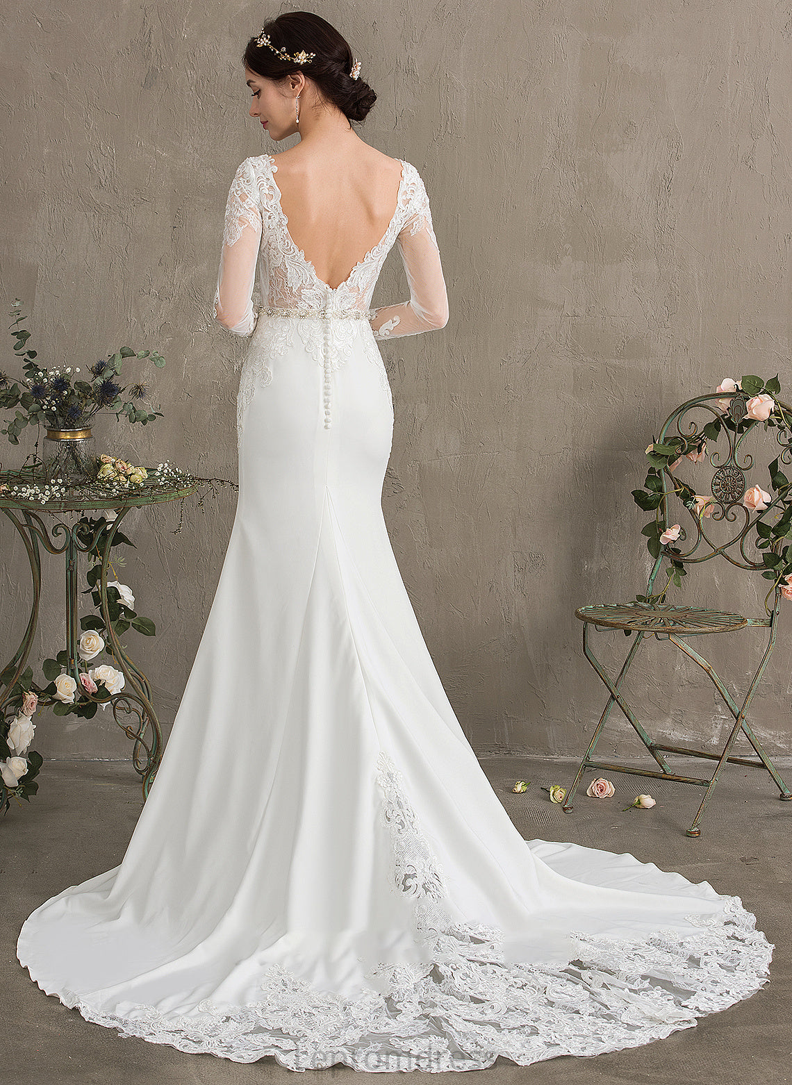 Neck Chapel Beading Train Scoop Wedding Wedding Dresses Crepe Stretch Dress With Trumpet/Mermaid Sequins Lillie