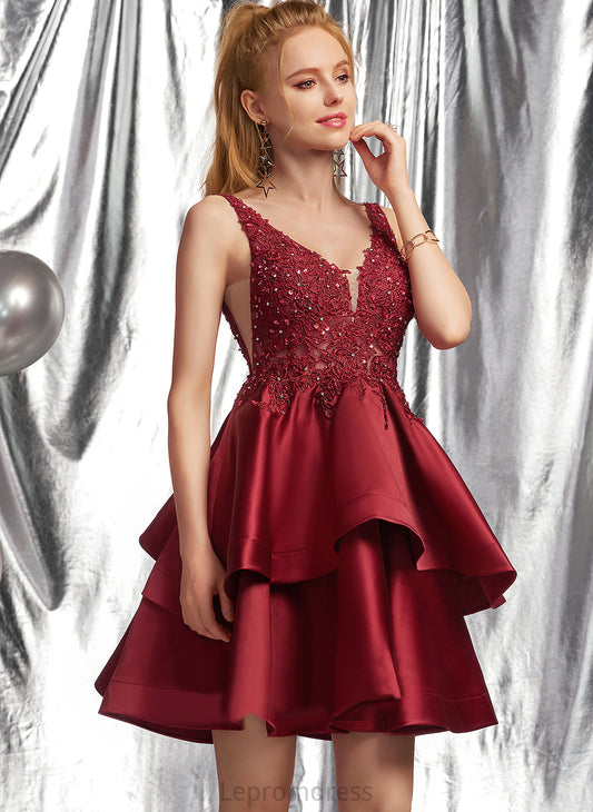 With A-Line Beading Rhianna Homecoming V-neck Homecoming Dresses Sequins Dress Lace Satin Short/Mini