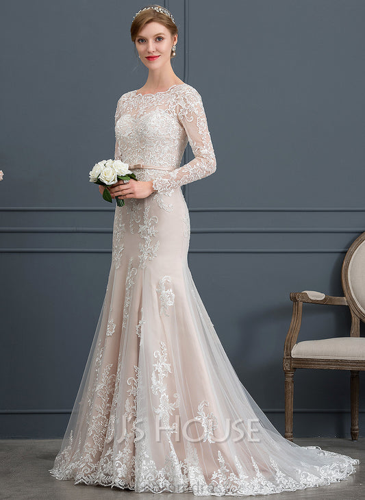 Scoop Wedding Wedding Dresses With Neck Bow(s) Tulle Sequins Trumpet/Mermaid Lexie Dress Train Court Beading