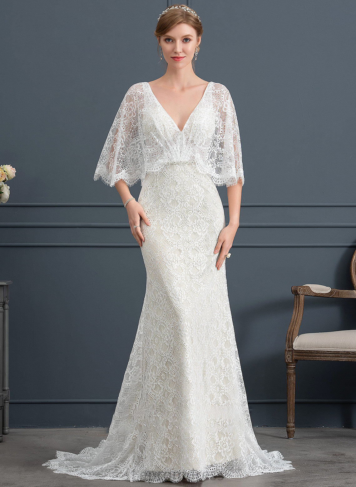 Lace Wedding Dresses With Dress Trumpet/Mermaid Beading Sequins Sweep Kate Wedding V-neck Train