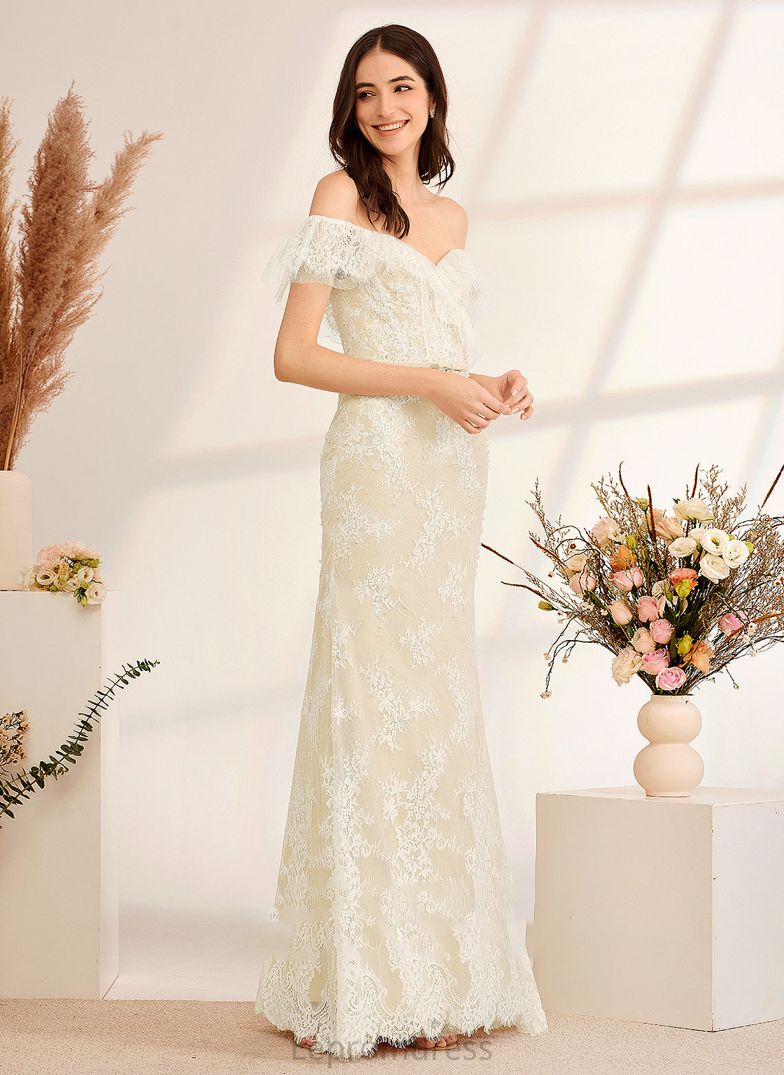 Trumpet/Mermaid Dress Wendy Beading Floor-Length Off-the-Shoulder Wedding Dresses With Wedding Sequins