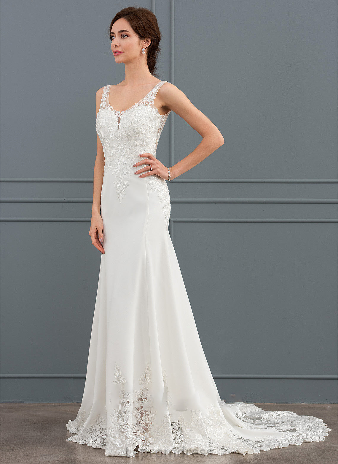 With Court Dress Crepe Melissa Stretch Lace Sequins Wedding Dresses V-neck Trumpet/Mermaid Train Wedding