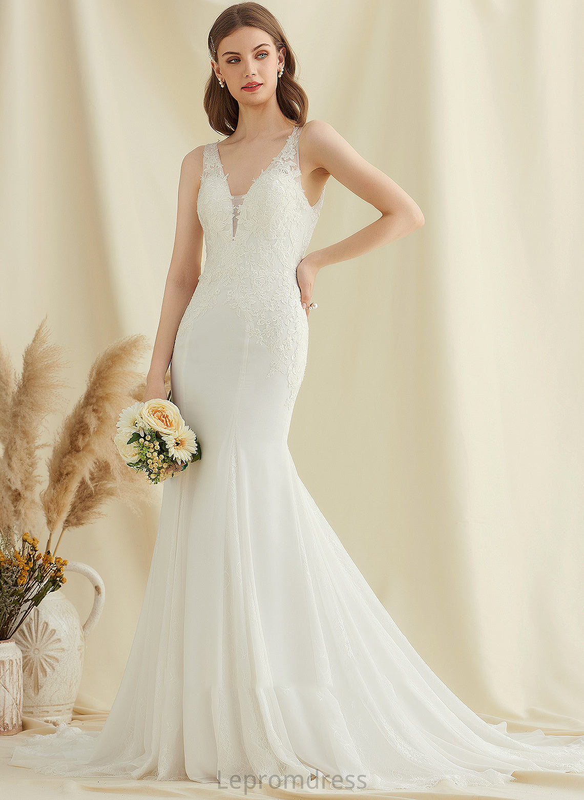 Court Chiffon Wedding Lace Trumpet/Mermaid Adison V-neck Train Wedding Dresses Dress