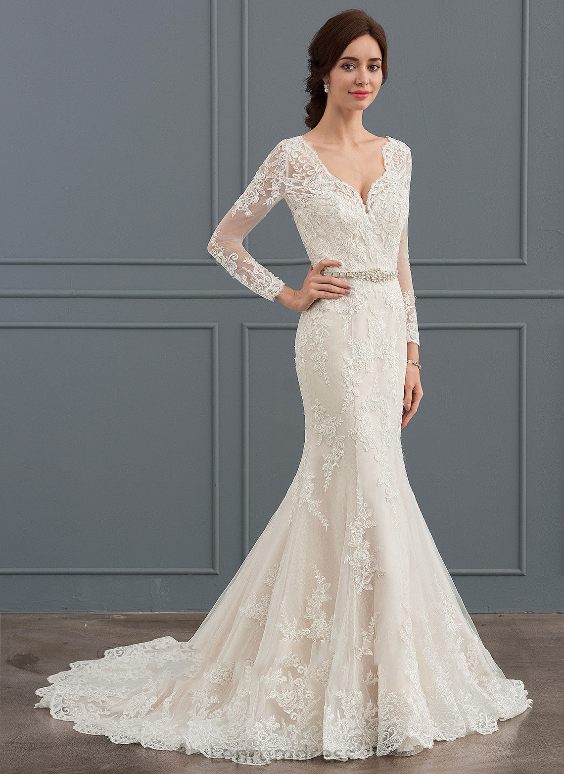 V-neck Trumpet/Mermaid Train Esperanza With Tulle Wedding Beading Court Dress Wedding Dresses