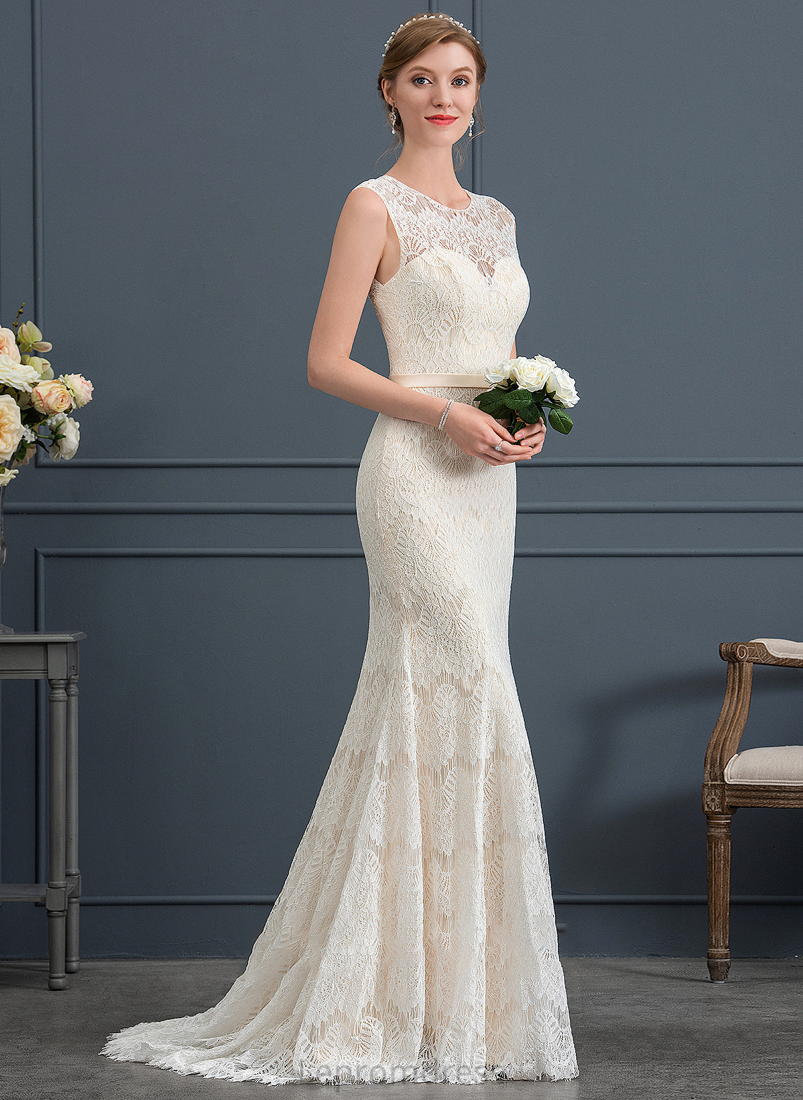 Sweep Bailee Train Wedding Trumpet/Mermaid Dress Lace Neck Scoop Wedding Dresses