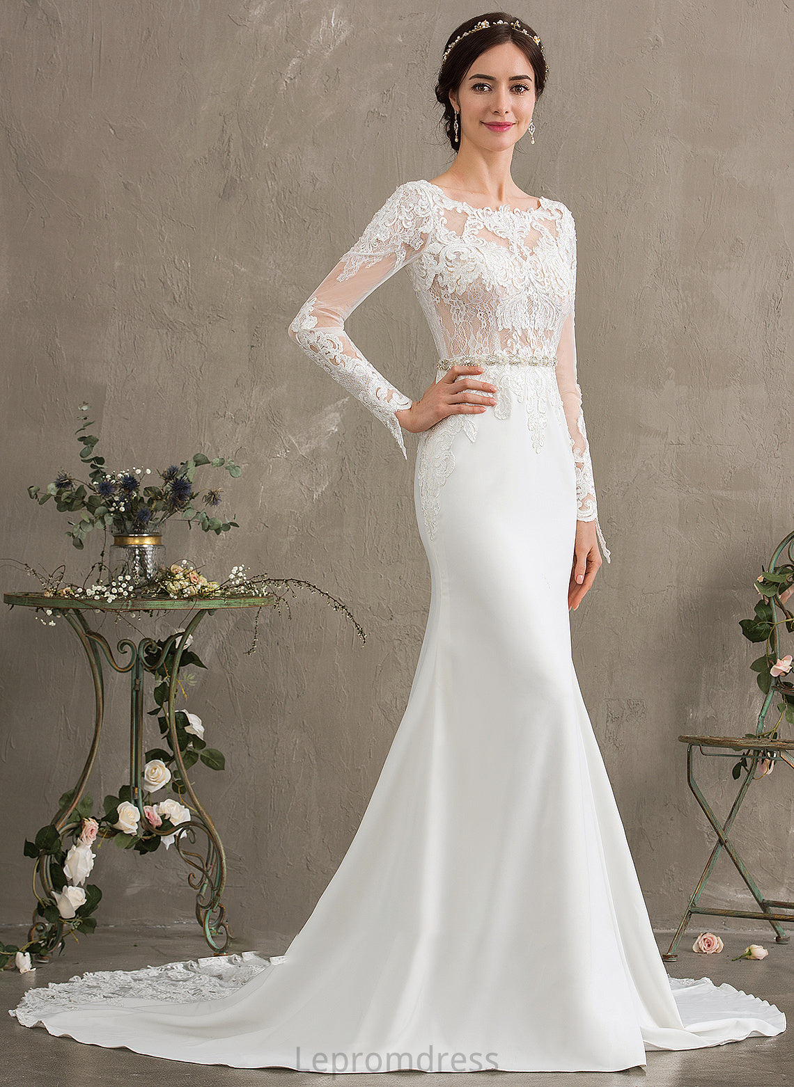 Neck Chapel Beading Train Scoop Wedding Wedding Dresses Crepe Stretch Dress With Trumpet/Mermaid Sequins Lillie