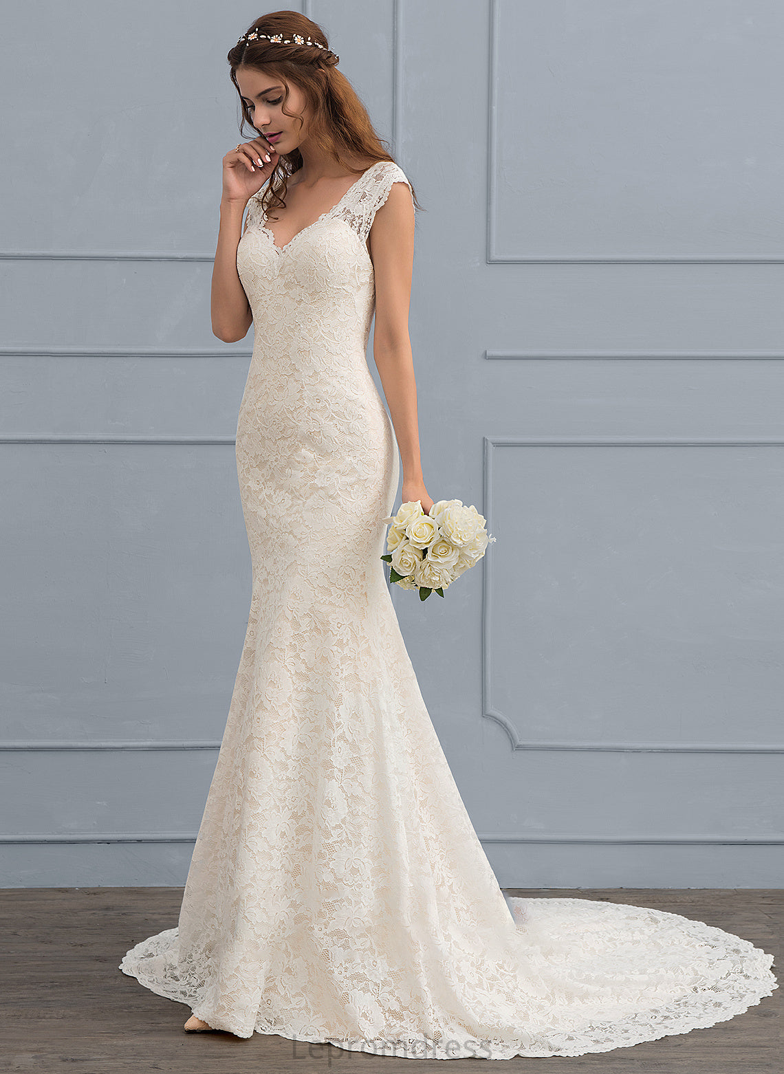 Wedding Coral Wedding Dresses V-neck Trumpet/Mermaid Dress Lace Court Train