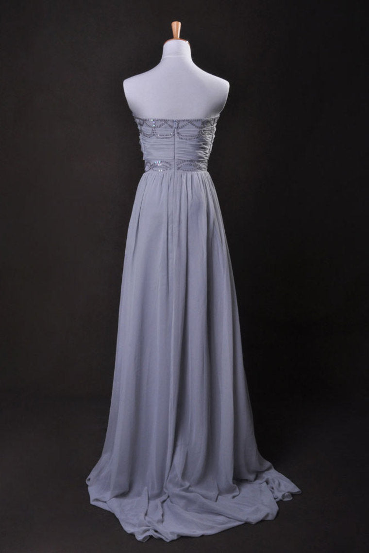 Silver Prom Dress A Line Strapless Floor Length Sweep/Brush Train Chiffon Cz