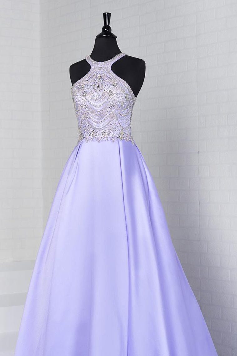 2024 A Line Scoop Satin Prom Dresses With Beads Sweep Train