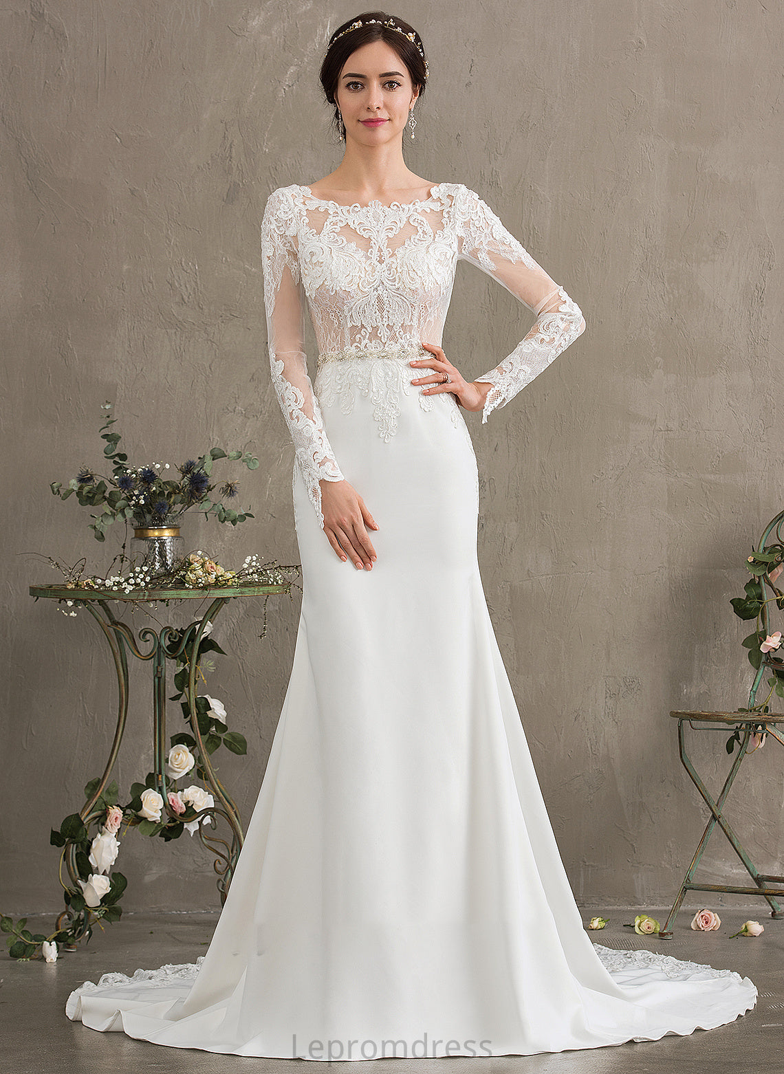 Neck Chapel Beading Train Scoop Wedding Wedding Dresses Crepe Stretch Dress With Trumpet/Mermaid Sequins Lillie