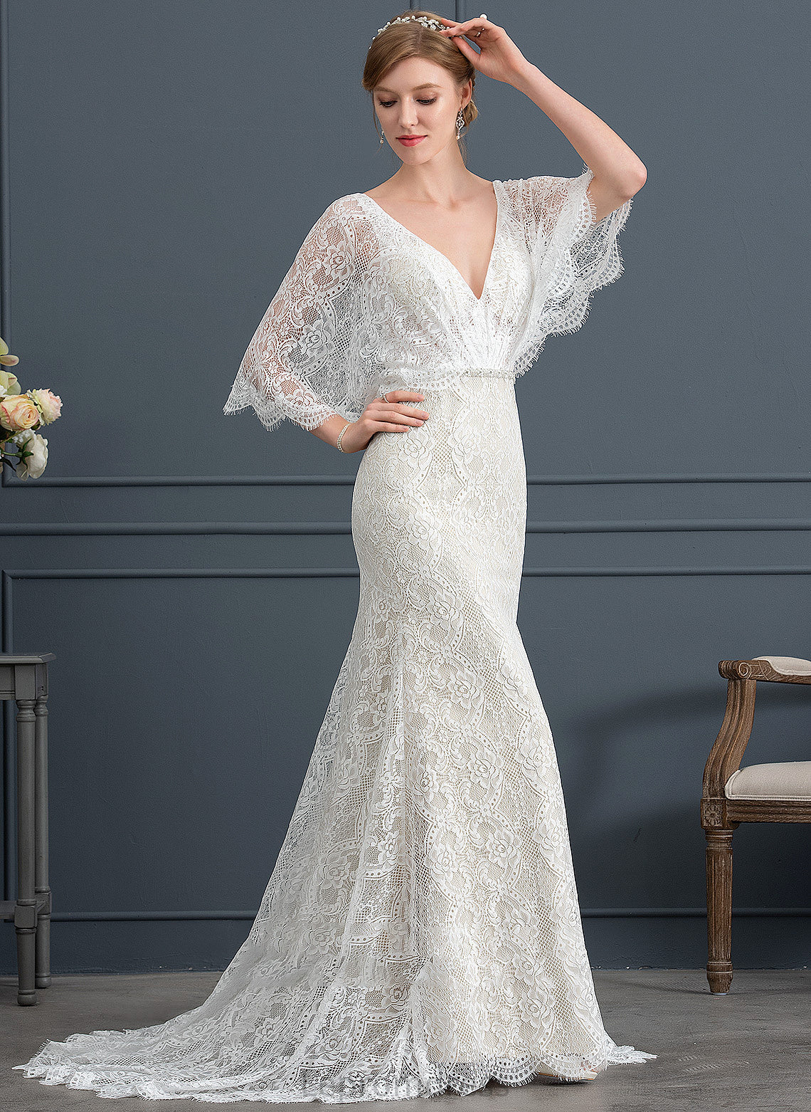 Lace Wedding Dresses With Dress Trumpet/Mermaid Beading Sequins Sweep Kate Wedding V-neck Train