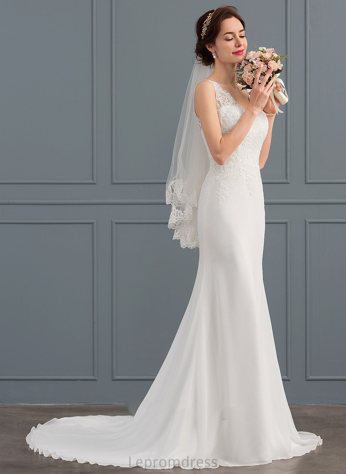 Trumpet/Mermaid Elena Wedding Court V-neck Train Chiffon Wedding Dresses Dress