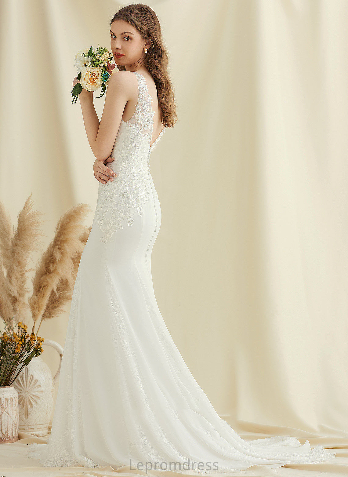 Court Chiffon Wedding Lace Trumpet/Mermaid Adison V-neck Train Wedding Dresses Dress