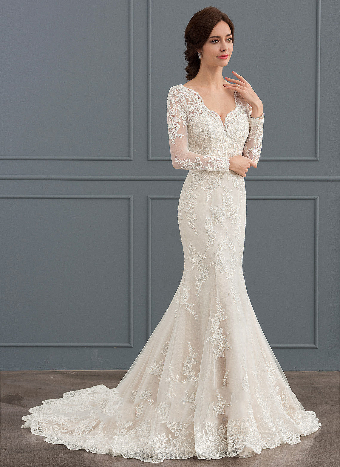 Wedding Court With V-neck Train Tulle Trumpet/Mermaid Lace Dress Beading Wedding Dresses Stephanie