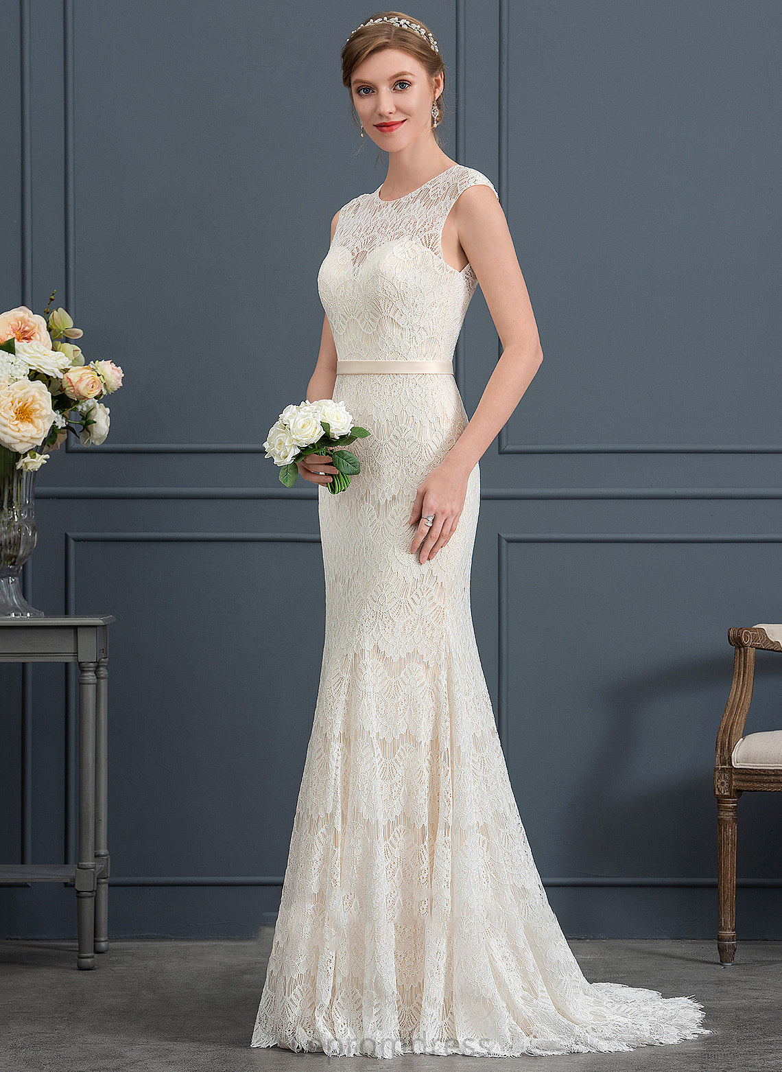 Sweep Bailee Train Wedding Trumpet/Mermaid Dress Lace Neck Scoop Wedding Dresses