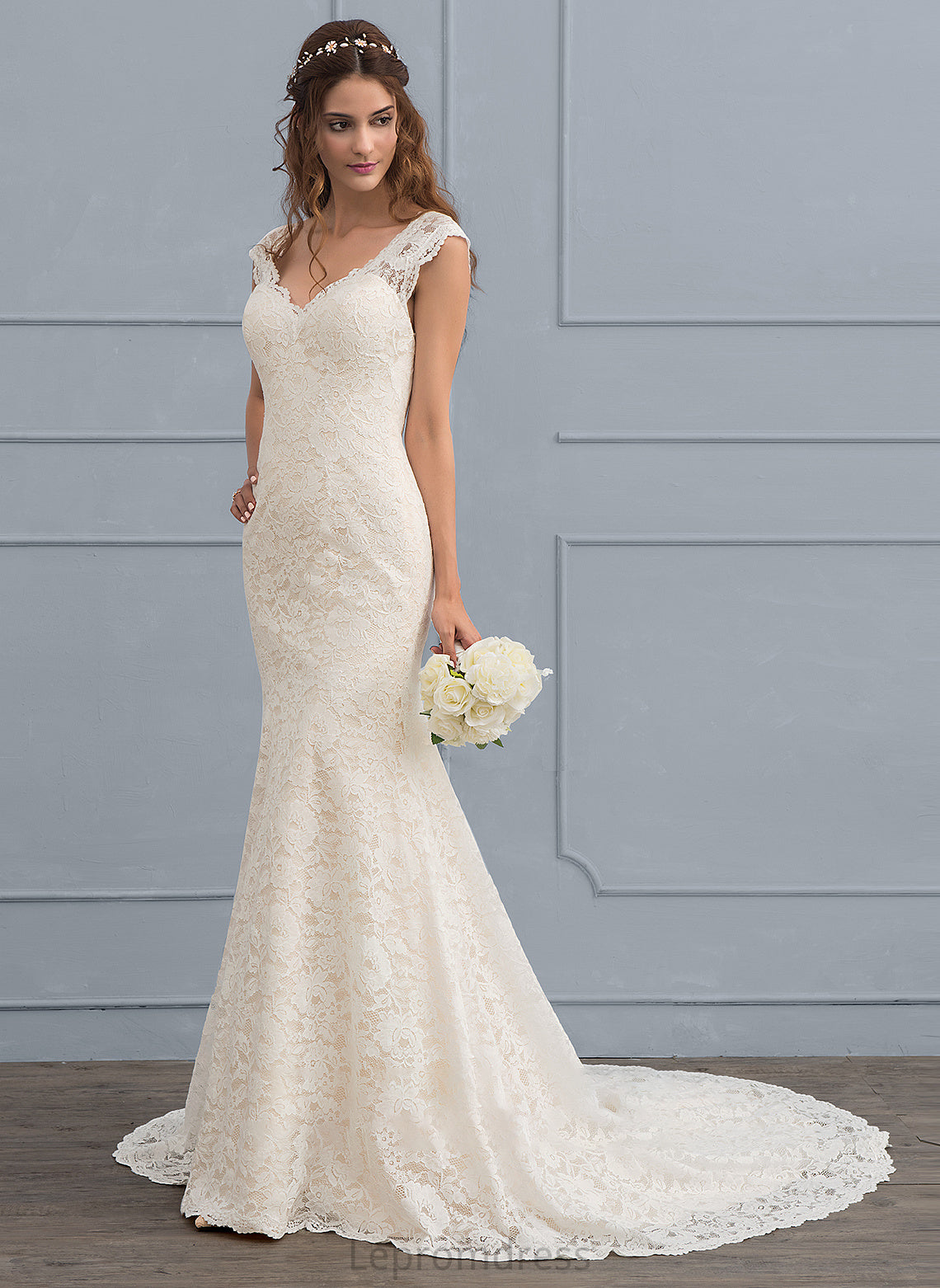 Wedding Coral Wedding Dresses V-neck Trumpet/Mermaid Dress Lace Court Train