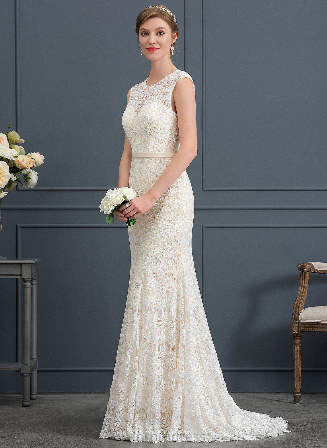 Sweep Bailee Train Wedding Trumpet/Mermaid Dress Lace Neck Scoop Wedding Dresses