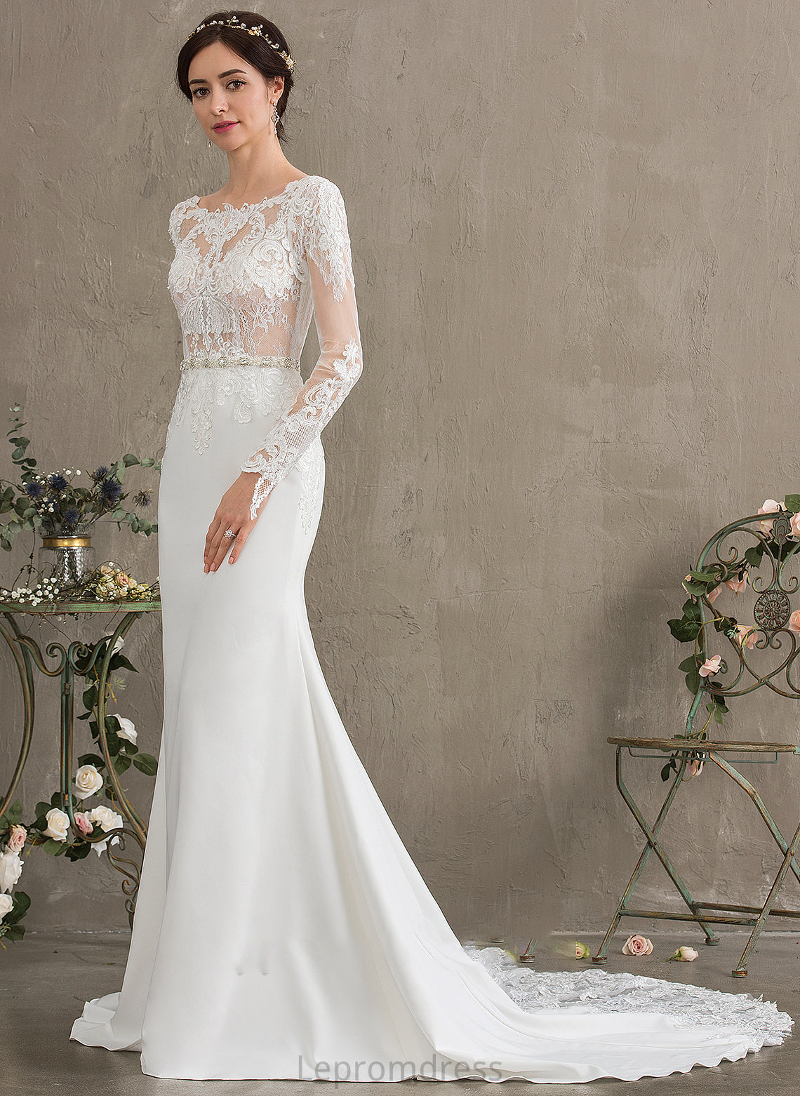 Neck Chapel Beading Train Scoop Wedding Wedding Dresses Crepe Stretch Dress With Trumpet/Mermaid Sequins Lillie