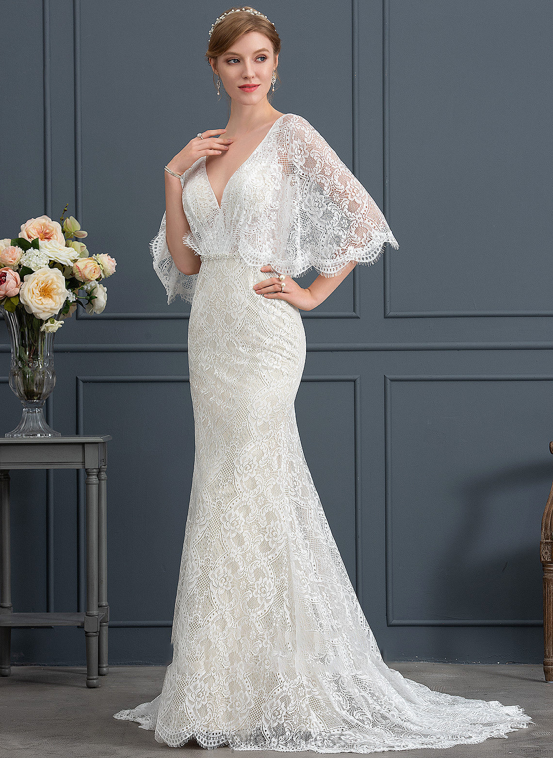 Lace Wedding Dresses With Dress Trumpet/Mermaid Beading Sequins Sweep Kate Wedding V-neck Train