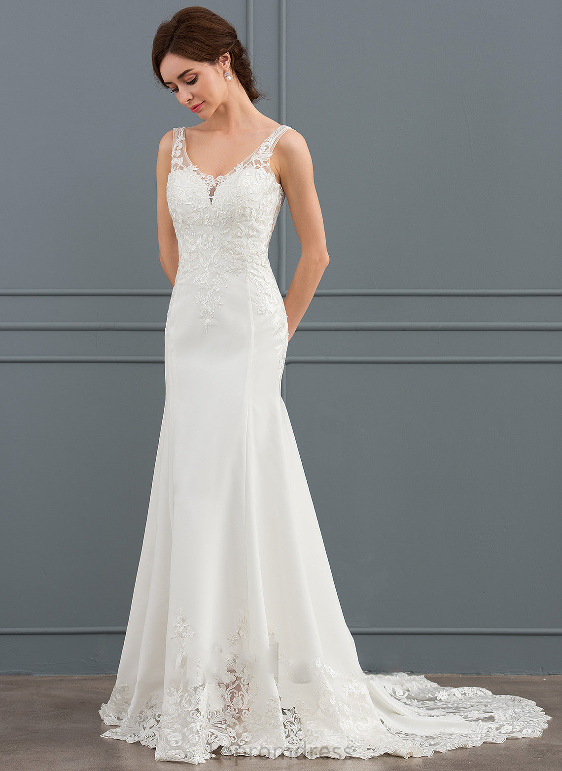 With Court Dress Crepe Melissa Stretch Lace Sequins Wedding Dresses V-neck Trumpet/Mermaid Train Wedding