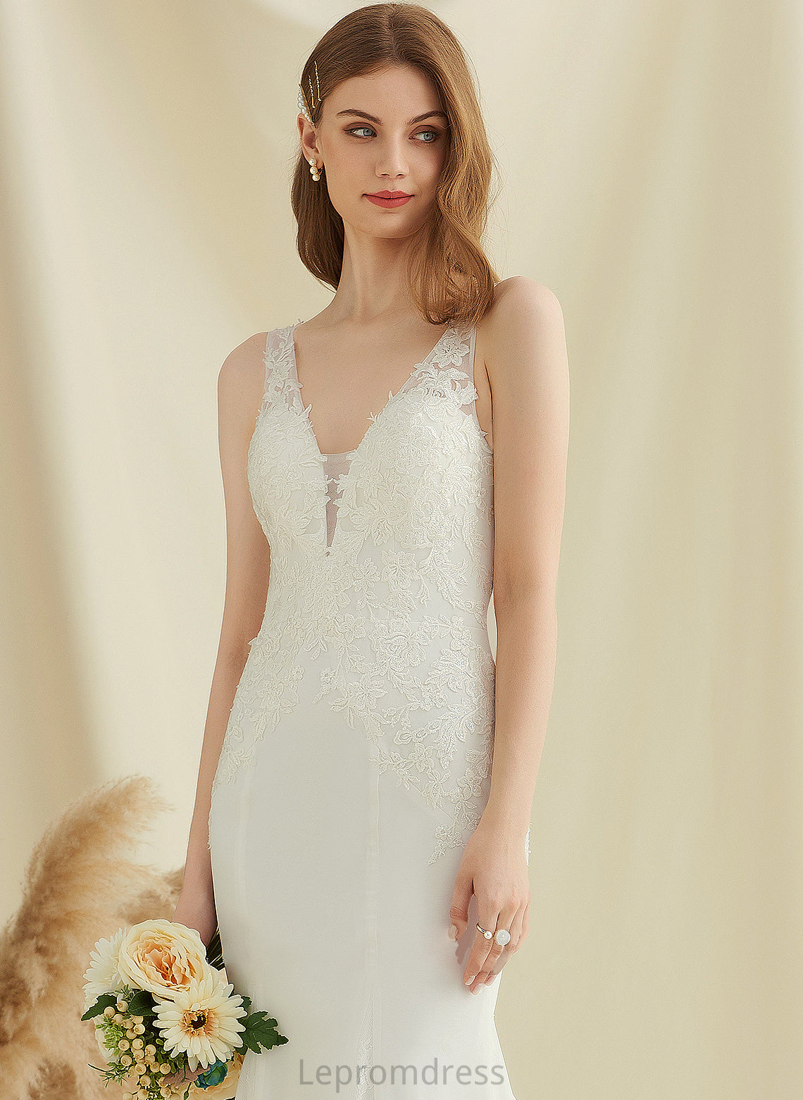 Court Chiffon Wedding Lace Trumpet/Mermaid Adison V-neck Train Wedding Dresses Dress