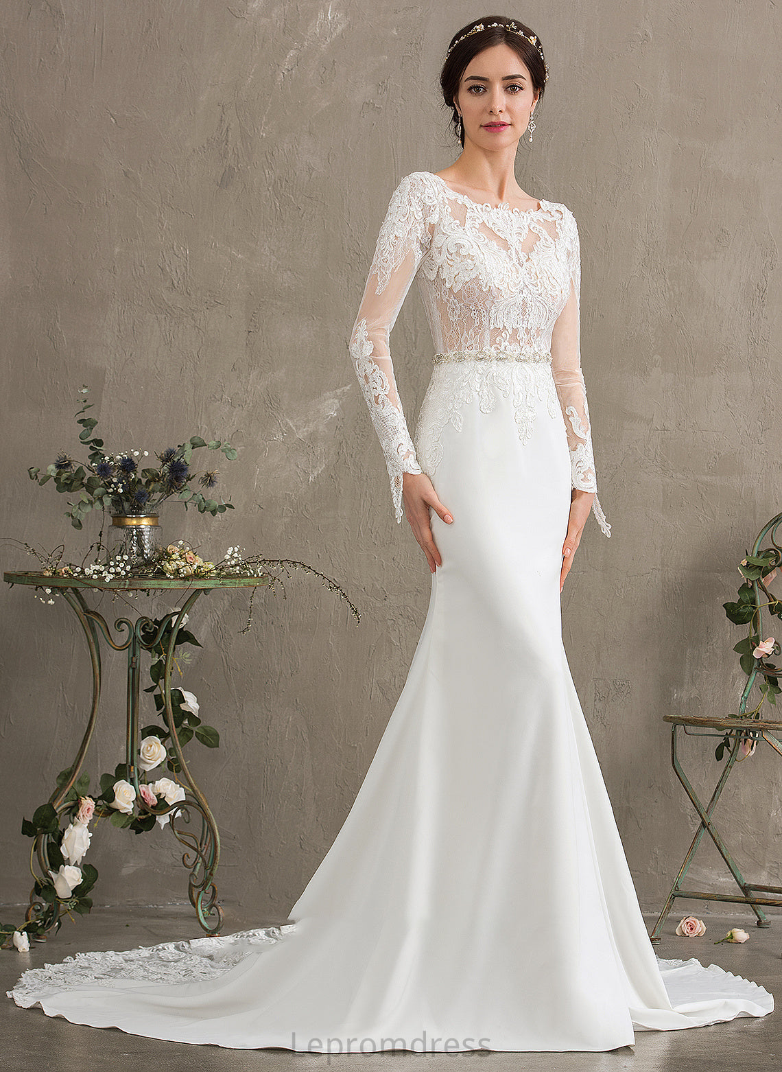 Neck Chapel Beading Train Scoop Wedding Wedding Dresses Crepe Stretch Dress With Trumpet/Mermaid Sequins Lillie