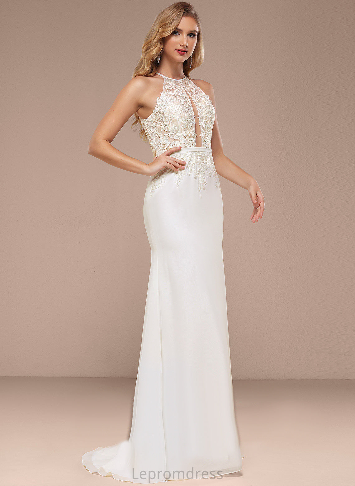 Wedding Dresses Sweep Dress Chiffon Gertie Wedding Trumpet/Mermaid Halter With Train Sequins Lace