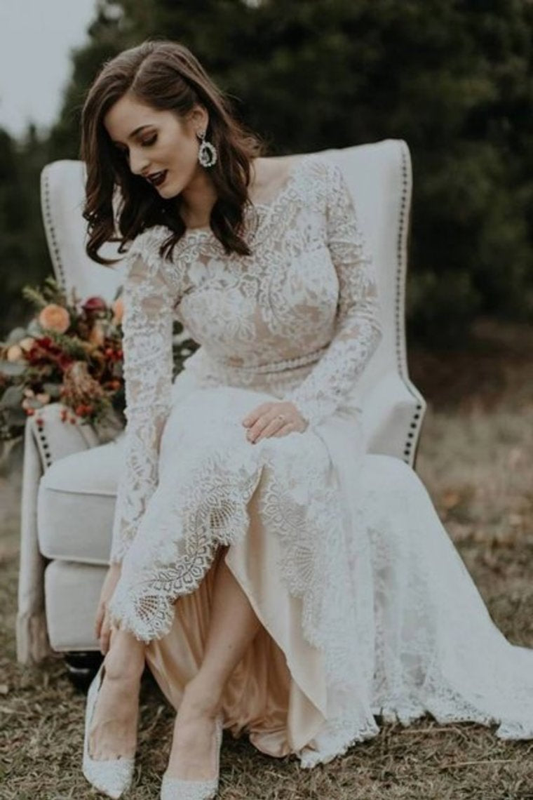 Mermaid Lace Court Train Wedding Dress Long Sleeves Scoop