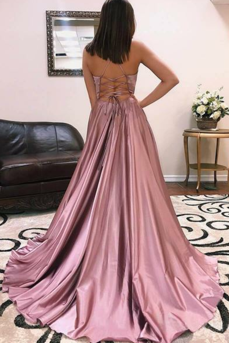 2024 A Line Prom Dresses V Neck Satin Straps Sweep Train Slit