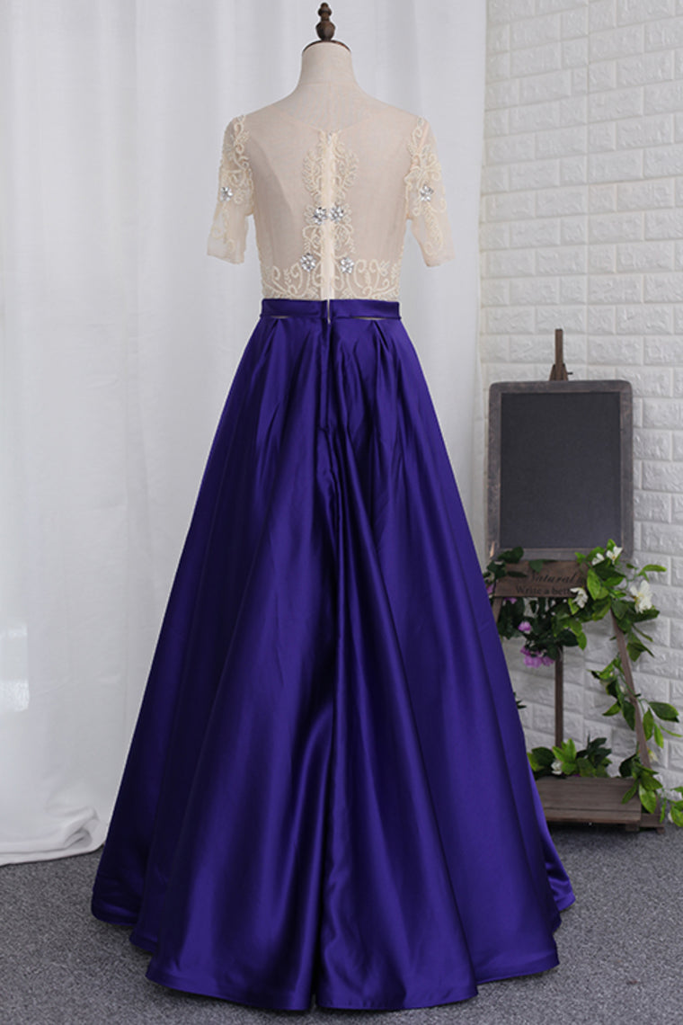 2024 A Line Prom Dresses Scoop Beaded Bodice Short Sleeves Satin